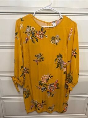 Old Navy Mustard Floral Sleeve Tie Cuff Shift Dress